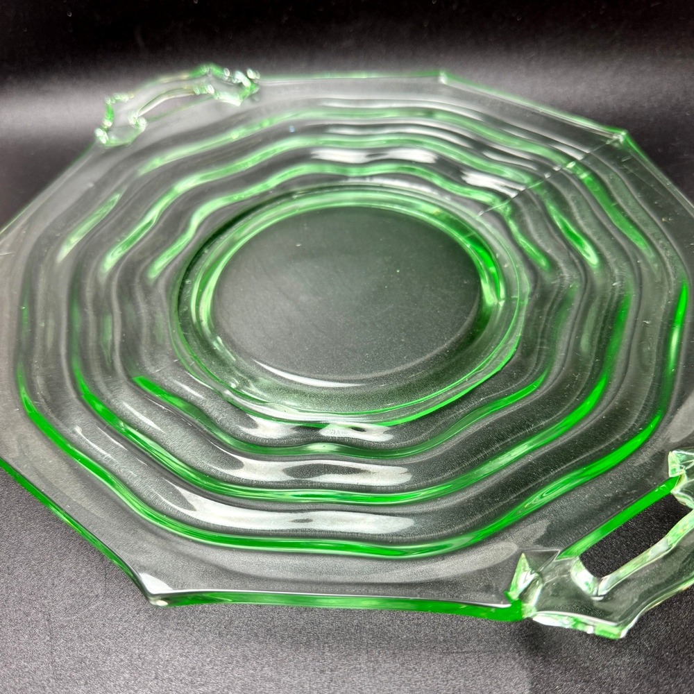 Jenkins Ocean Wave Uranium Glass Handled Cake Plate Platter #190 Depression - Picture 13 of 16